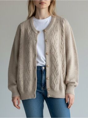 Lyle & Scott Beige Cable-Knit Pearl Button Angora Wool Cardigan